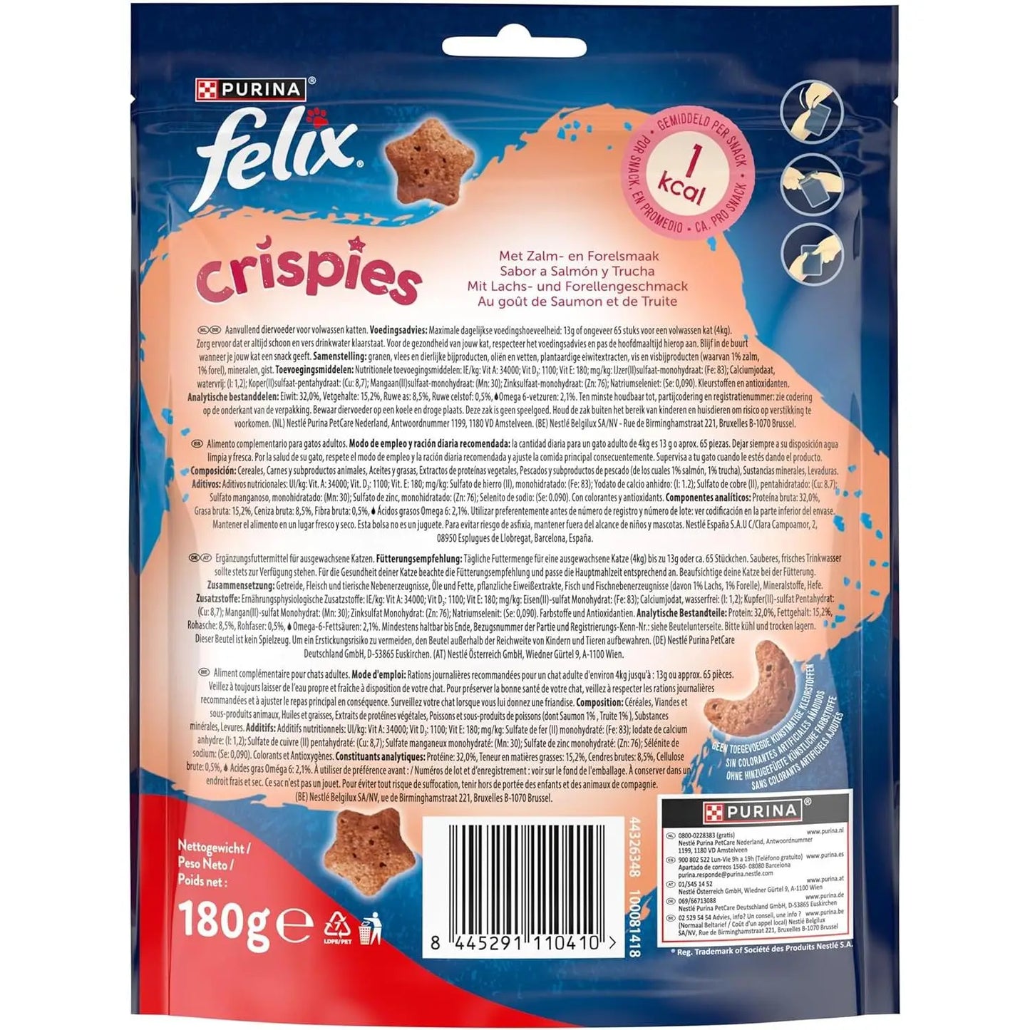 Purina Felix Crispéis Ocean Snacks para Gatos con Salmón y Trucha - 10 Bolsas de 180g