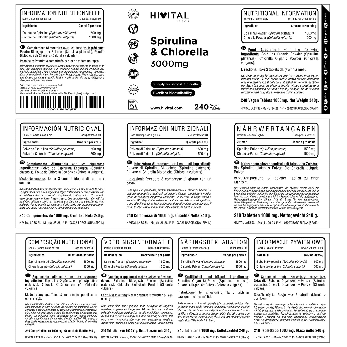 Espirulina y Chlorella 3000 mg Hivital - 240 Comprimidos Veganos