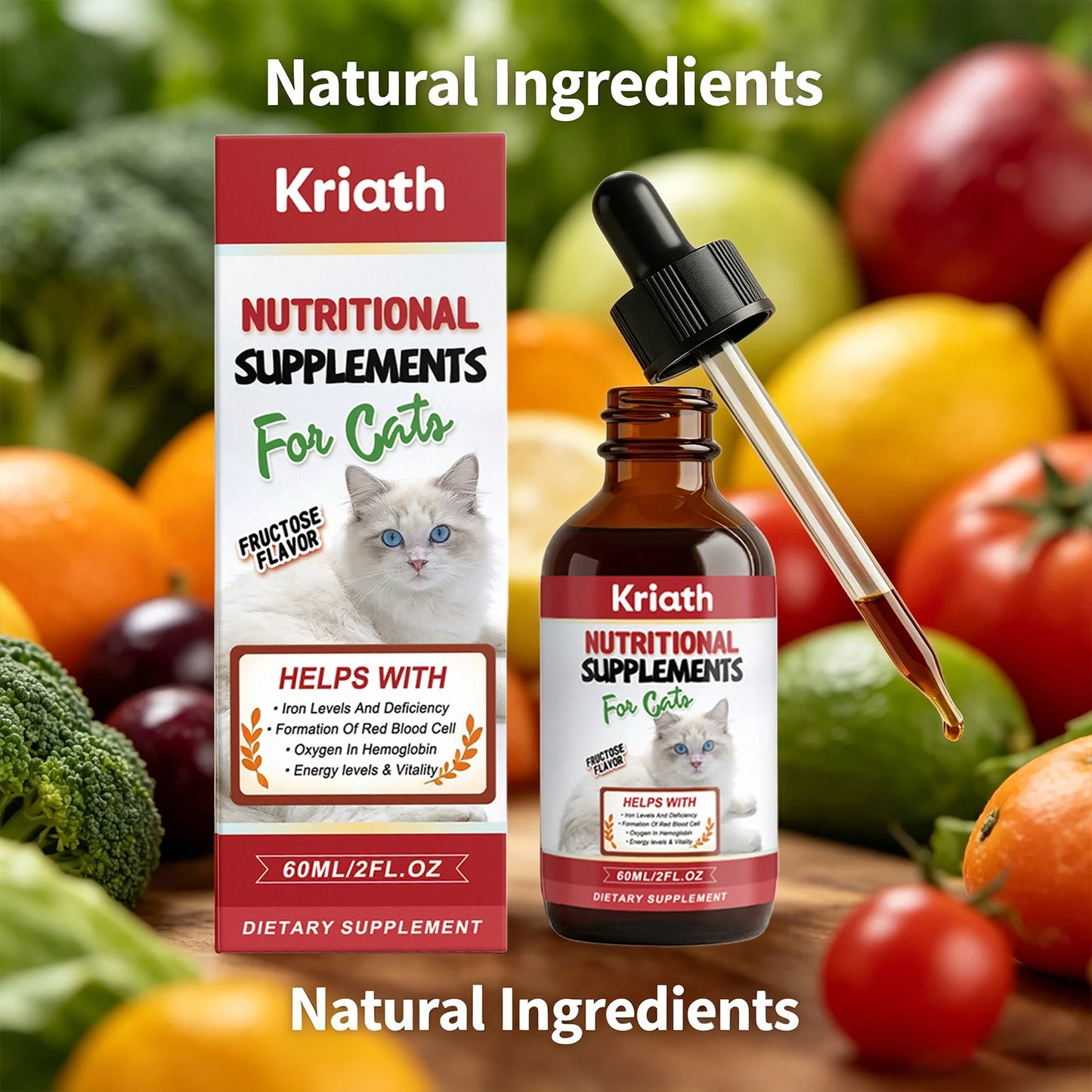 Gotas Nutricionales Kriath para Gatos - Energía, Vitalidad y Hierro, 60ml