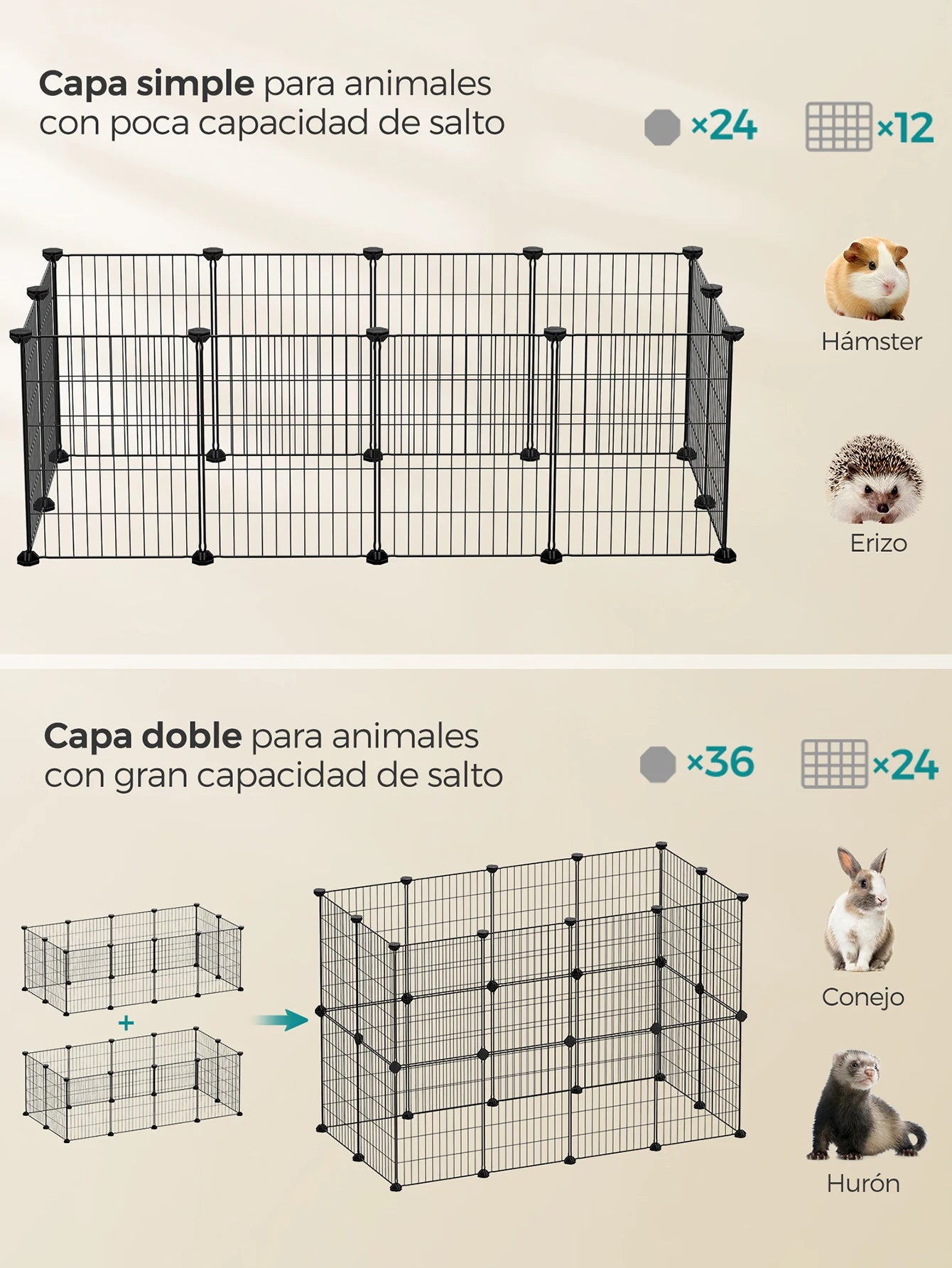 Songmics Jaula Modular para Hámsters y Conejos - Valla Metálica DIY para Pequeños Animales