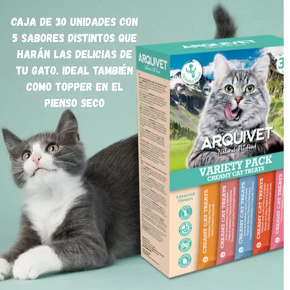 Arquivet Snacks Cremosos 🐾 – Pack Ahorro 30 Uds, 5 Sabores para Gatos