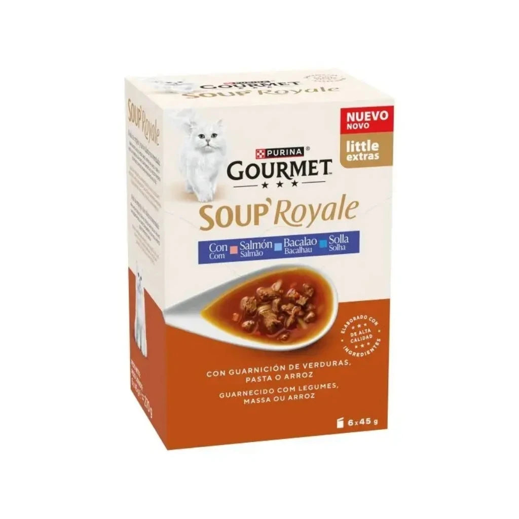 Gourmet Soup Royale Salmón, Bacalao y Solla - Caldo Complementario para Gatos (6x45 g)