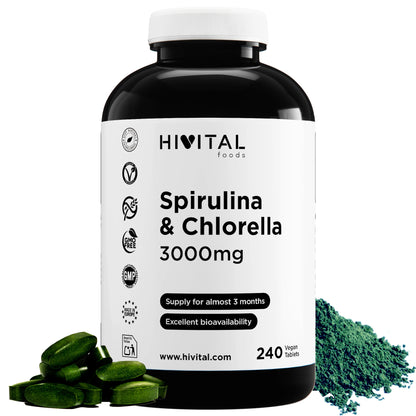 Espirulina y Chlorella 3000 mg Hivital 🌿 – 240 Comprimidos Veganos