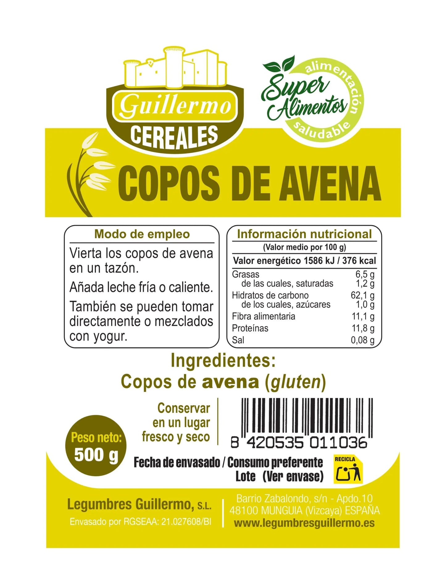 Legumes guillermo | oat flakes | rich in fiber and vegetable protein