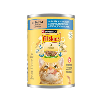 Friskies Trozos en Salsa 🐟 – Salmón, Atún y Verduras, Alimento Completo para Gatos (400 g)