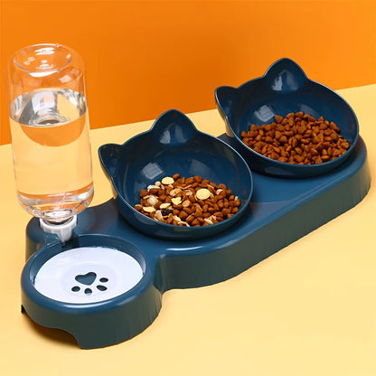 Set de Comedero y Bebedero 3 en 1 con Orejas 🐱 – Bowl Inclinado y Botella de Agua por Gravedad
