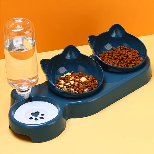 Set de Comedero y Bebedero 3 en 1 con Orejas para Gatos - Bowl Inclinado con Botella de Agua por Gravedad