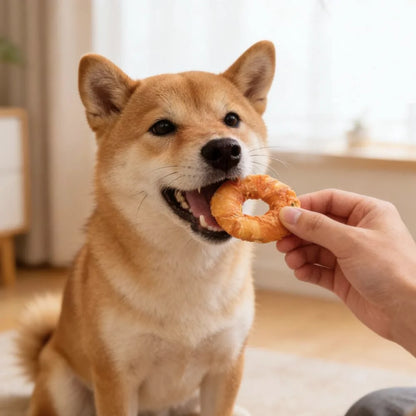 Rosquillas de Piel Envueltas en Pollo 🍗 – Snack Duradero para Perros (9 cm)