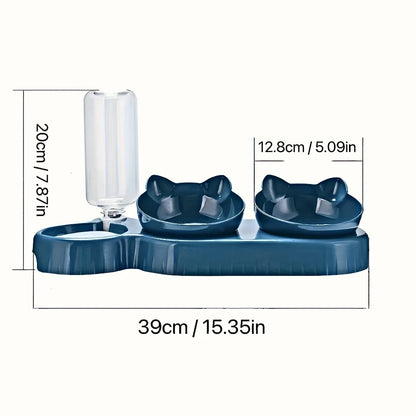 Set de Comedero y Bebedero 3 en 1 con Orejas 🐱 – Bowl Inclinado y Botella de Agua por Gravedad