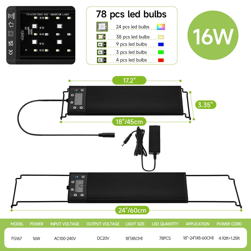 Lámpara LED Full Spectrum 24/7 para Acuario (30-60 cm) - Crecimiento de Plantas, IP68