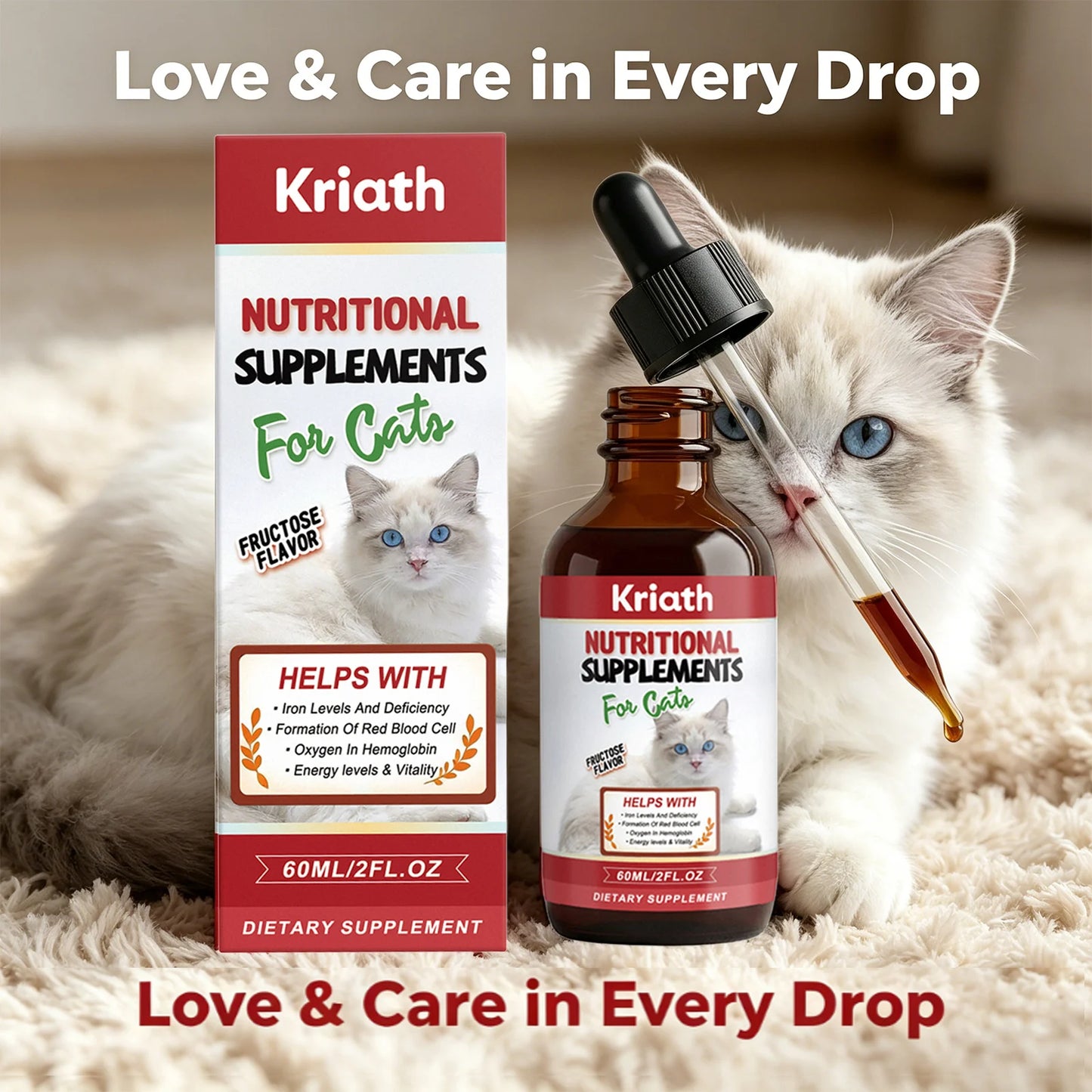 Gotas Nutricionales Kriath para Gatos - Energía, Vitalidad y Hierro, 60ml
