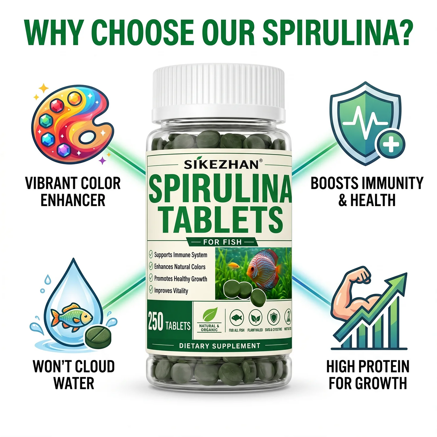 Tabletas de Espirulina de Alta Pureza (1000 uds) - Alimento para Peces y Camarón Cristal Rojo
