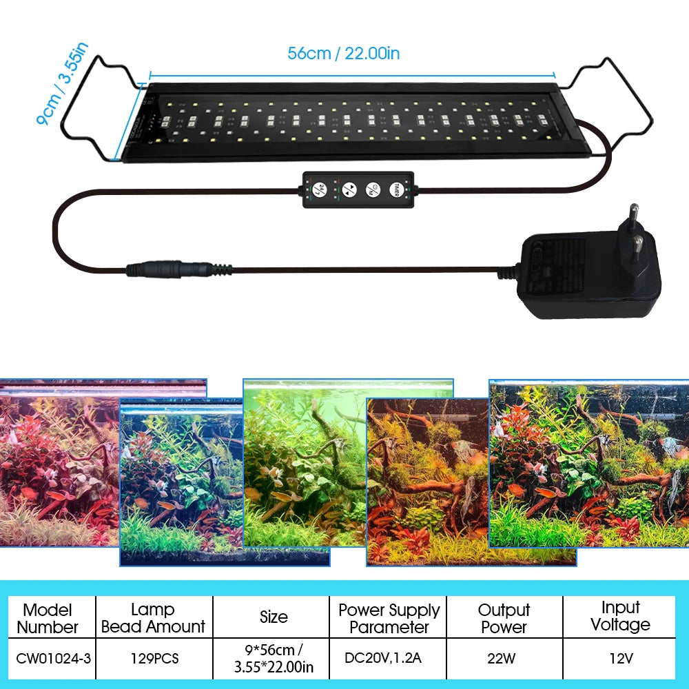 Luz LED de Acuario con Temporizador y Espectro Completo - Soporte Extensible