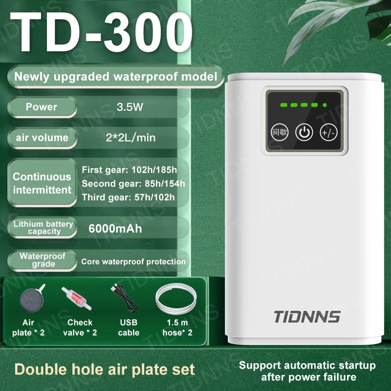 Bomba de Oxígeno Recargable para Acuario y Pesca - USB, Batería de Litio 6000 mAh