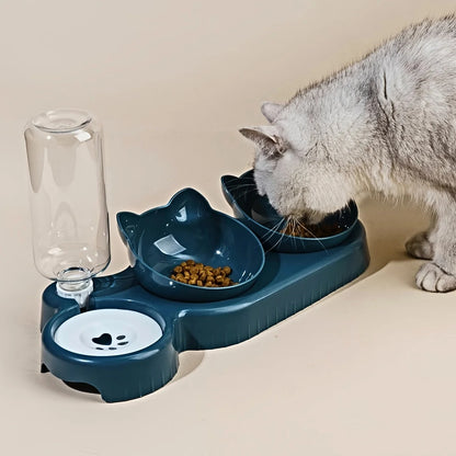 Set de Comedero y Bebedero 3 en 1 con Orejas 🐱 – Bowl Inclinado y Botella de Agua por Gravedad