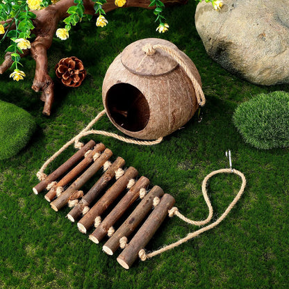 Escondite de Cáscara de Coco con Escalera para Trepar - Cueva para Geckos y Reptiles