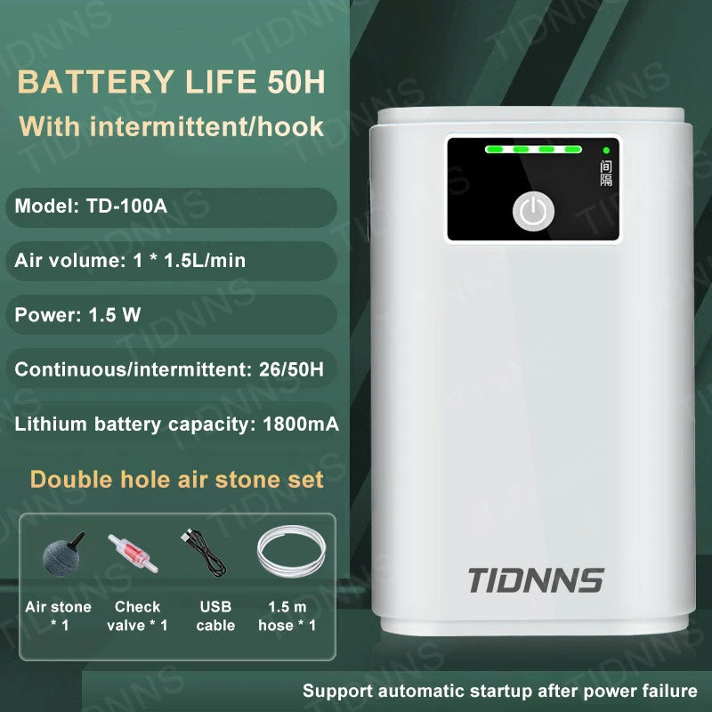 Bomba de Oxígeno Recargable para Acuario y Pesca - USB, Batería de Litio 6000 mAh