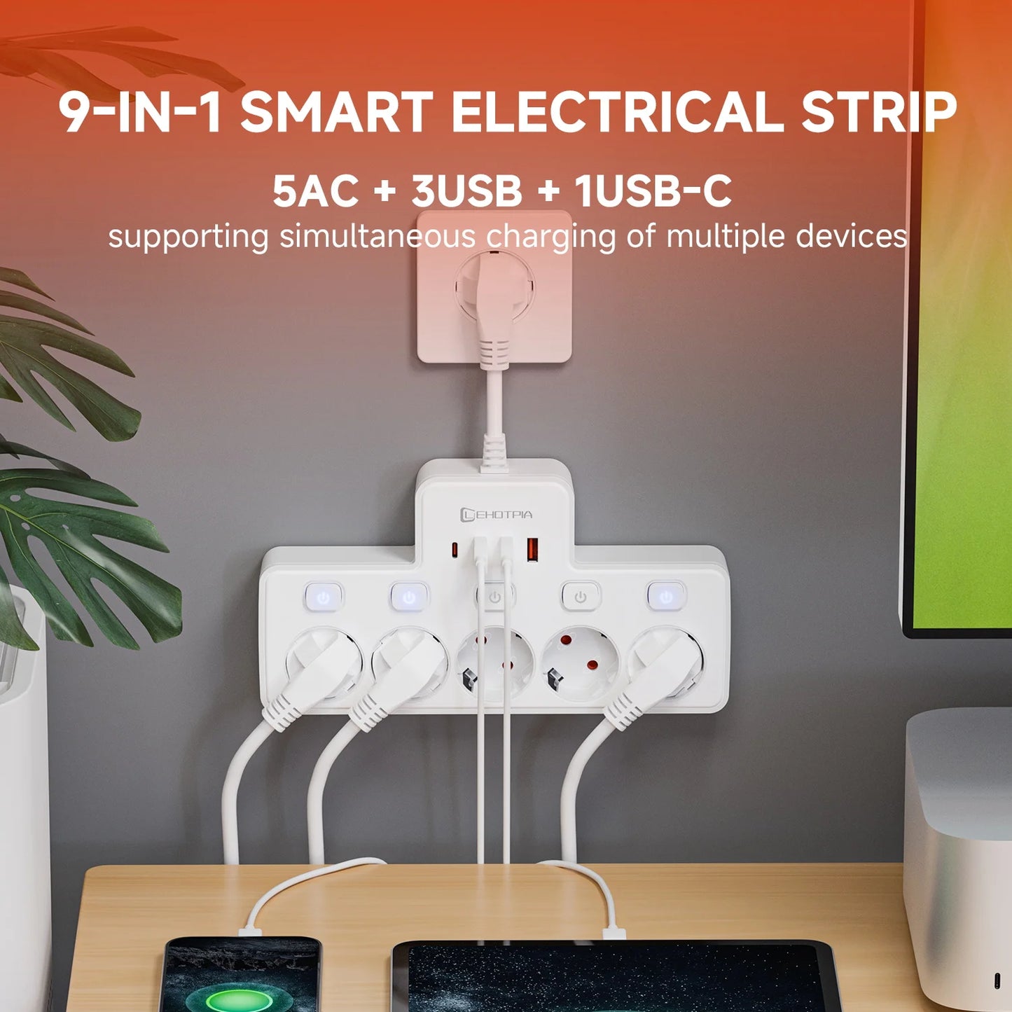 Regleta Eléctrica de Pared 2500W con Filtro de Red e Interruptor Independiente - Carga USB-C