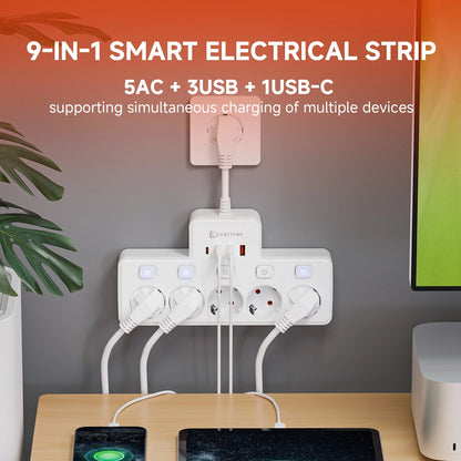 Regleta Eléctrica de Pared 2500W ⚡ – Filtro de Red, Interruptor Independiente y Carga USB-C