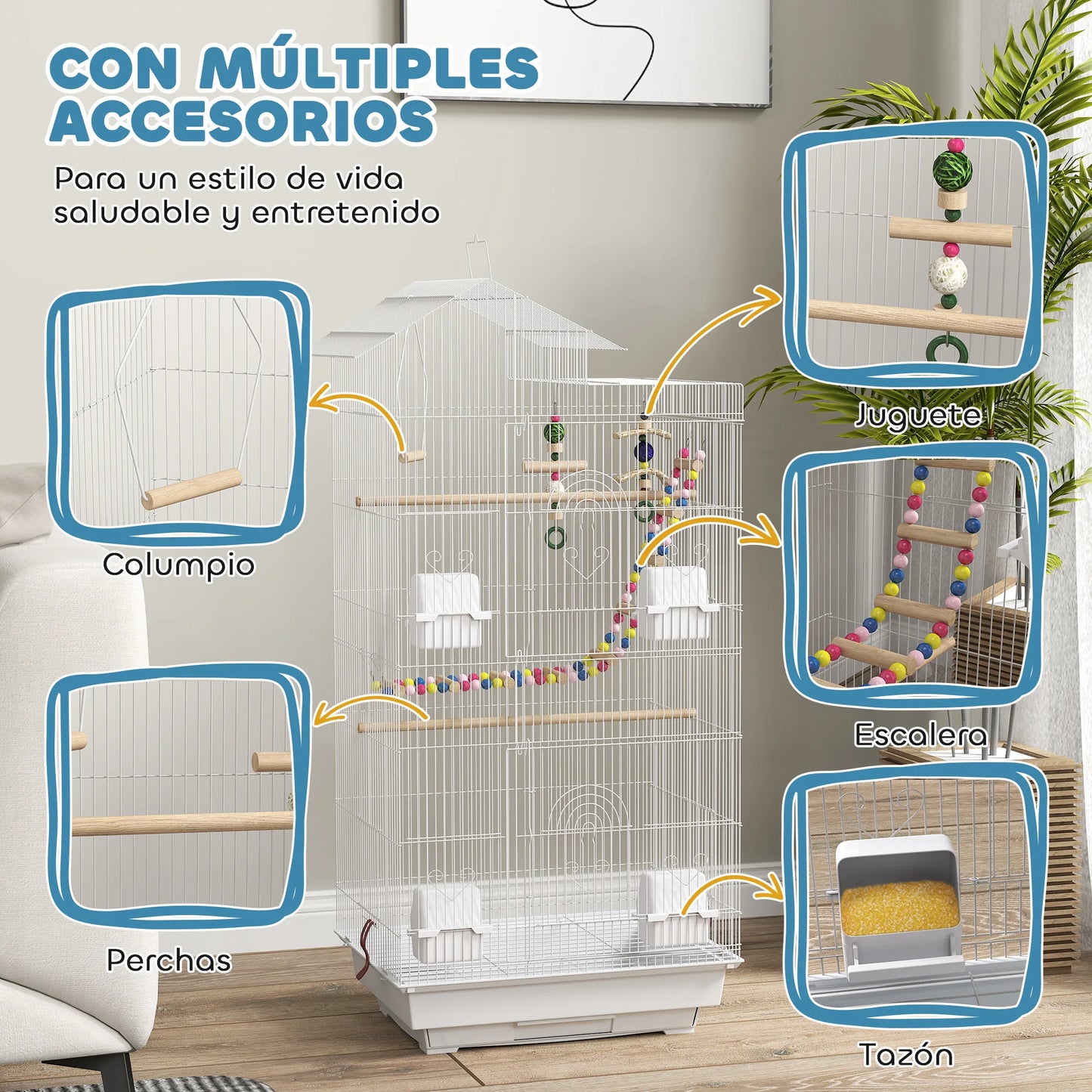 Pawhut - Pajarera con Múltiples Puertas, Comederos, Perchas y Columpio 46x36x100cm