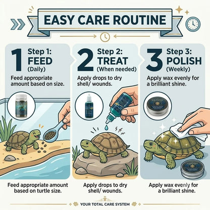 Kit Premium de Cuidado para Tortugas 🐢 – Cera Pulidora, Acondicionador de Agua y Alimento en Copos