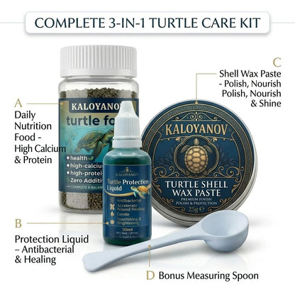Kit Premium de Cuidado para Tortugas 🐢 – Cera Pulidora, Acondicionador de Agua y Alimento en Copos