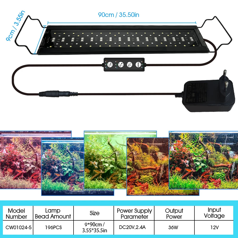Luz LED de Acuario con Temporizador y Espectro Completo - Soporte Extensible