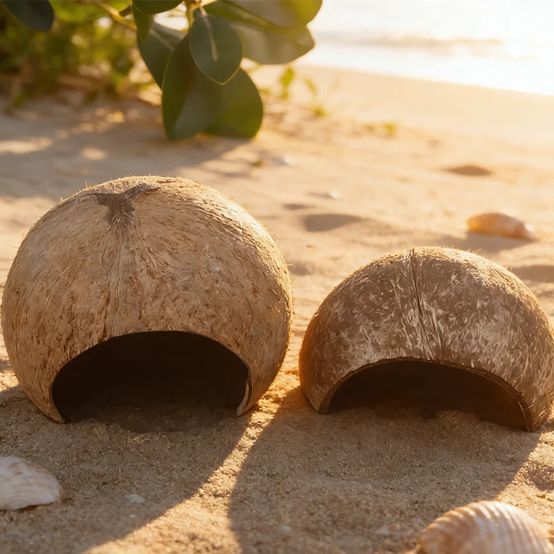 Choza de Coco Decorativa para Acuario y Terrario - Escondite Multiusos para Cangrejos Ermitaños, Reptiles y Ranas