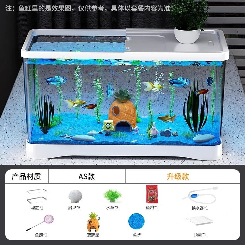 Pecera de Sobremesa con Filtro Transparente y Generador de Oxígeno - Tira de Luz Decorativa