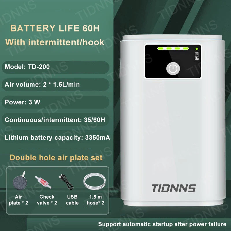 Bomba de Oxígeno Recargable para Acuario y Pesca - USB, Batería de Litio 6000 mAh